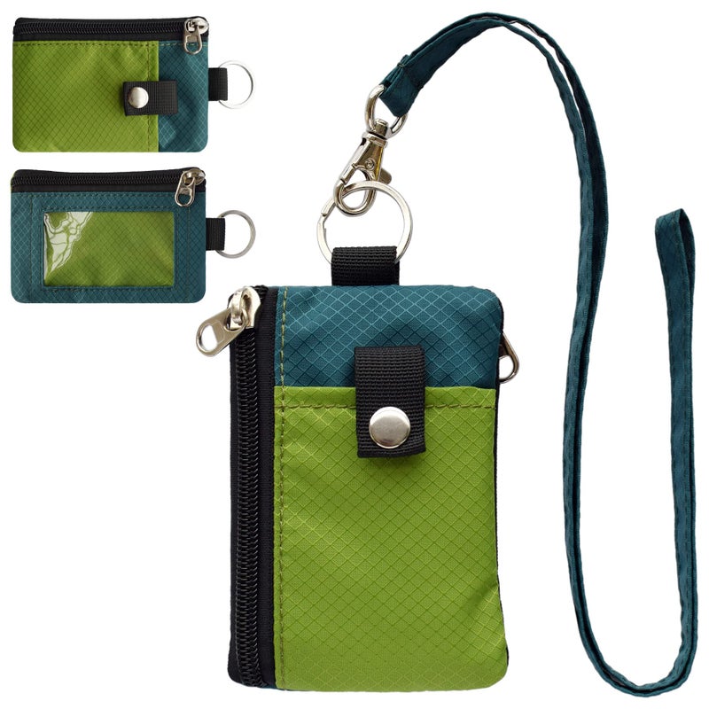 CHENSPRX Minimalist RFID Blocking Small Wallet with ID Window,WaterResistant Zip Id Case Wallet with Lanyard Keychain for Cards,Cash,Travel,Women,Men (GreenOnion+DarkGreen) - Image 1